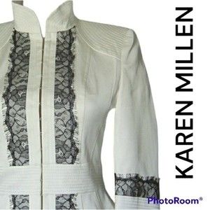 KAREN MILLEN MOTO BLAZER STAND COLLAR LACE TRIM OFF WHITE IVORY WOMENS 2 NWT